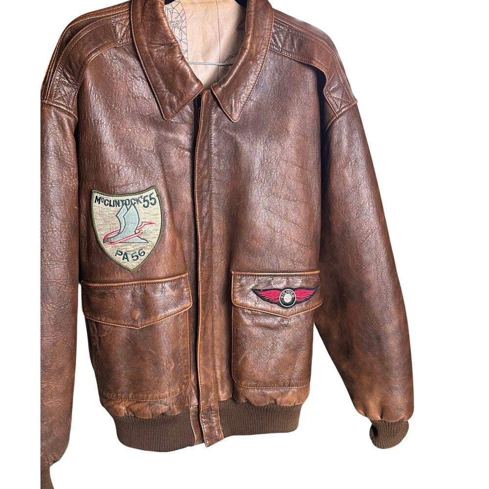 Men’s Vintage Leather Bomber Jacket Size Brown Map Lined Aviator Flight 23 ptp